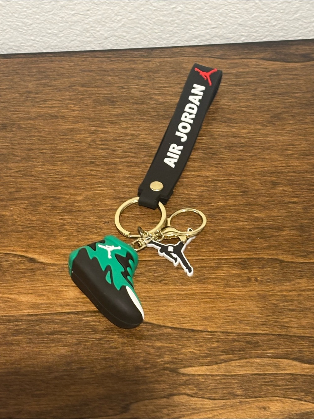 Jordan Black Wrist Strap Keychain/Bag Charm with Green Sneaker Charm